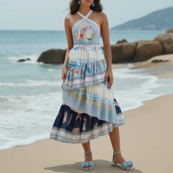 Beach-Themed Halter Maxi Dress-Missing external and internal tags - Picture 1 of 4